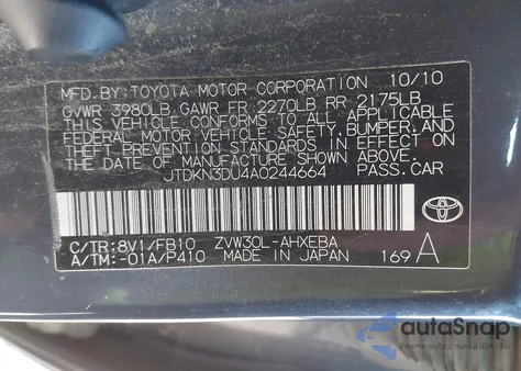 2010 Toyota Prius z USA, uszkodzony, nr VIN JTDKN3DU4A0244664